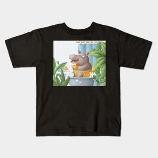 Cute hippo taking shower Kids T-Shirt